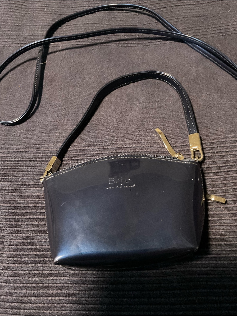Beijo Dark Blue Patent Leather Mini Crossbody with Gold Hardware